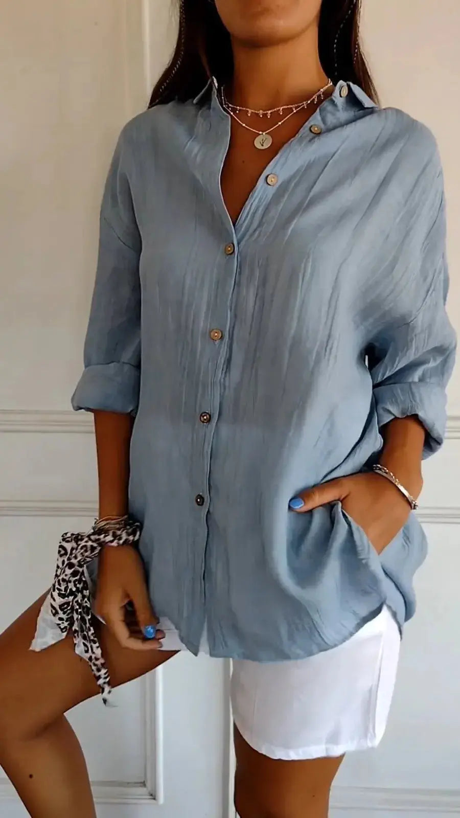 Lapel Long Sleeve Shirt Women's Single-breasted Pleated Shirt 