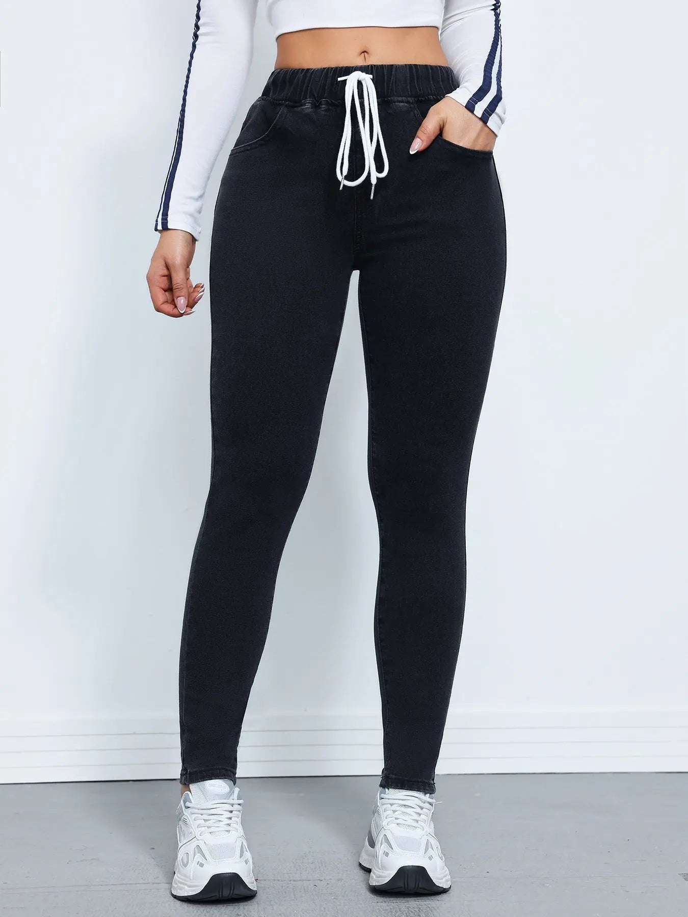 Women's Denim Trousers Autumn And Winter Drawstring Elastic Waist High Elastic Feet 
