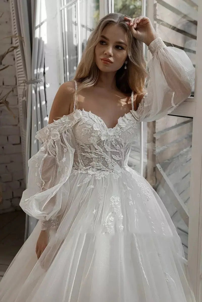 Boho Bride Gown Puff Sleeve Off Shoulder Wedding Dresses 