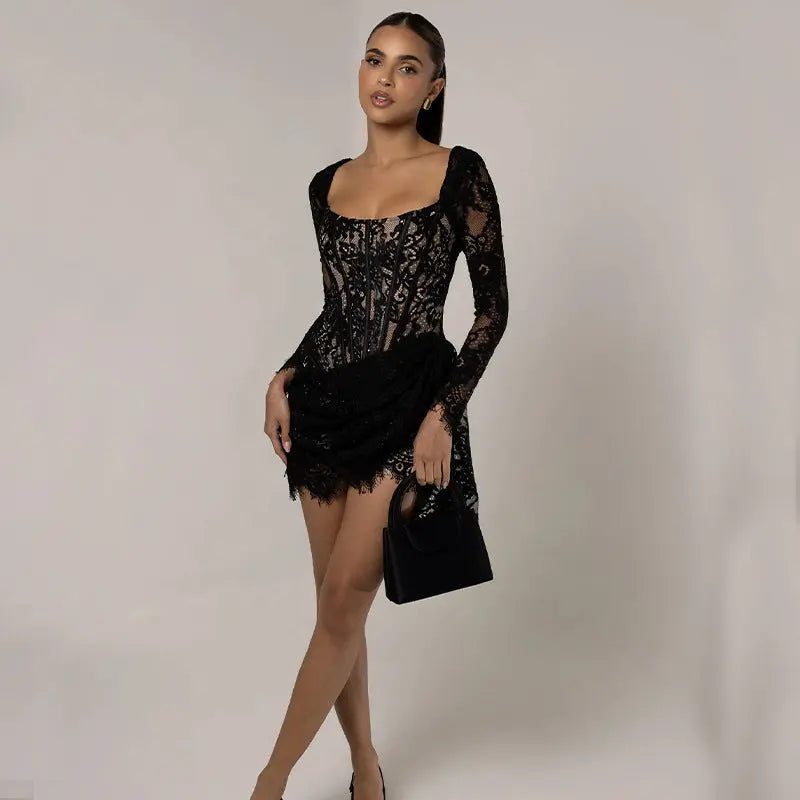Women's Fashion U-neck Slim-fit Long Sleeve Dress 