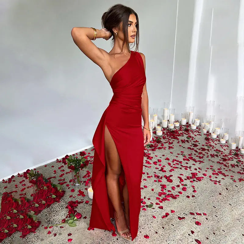 Sexy One-shoulder Backless Slit Dress Summer Elegant Slim-fit Solid Color Satin Dresses For Women 