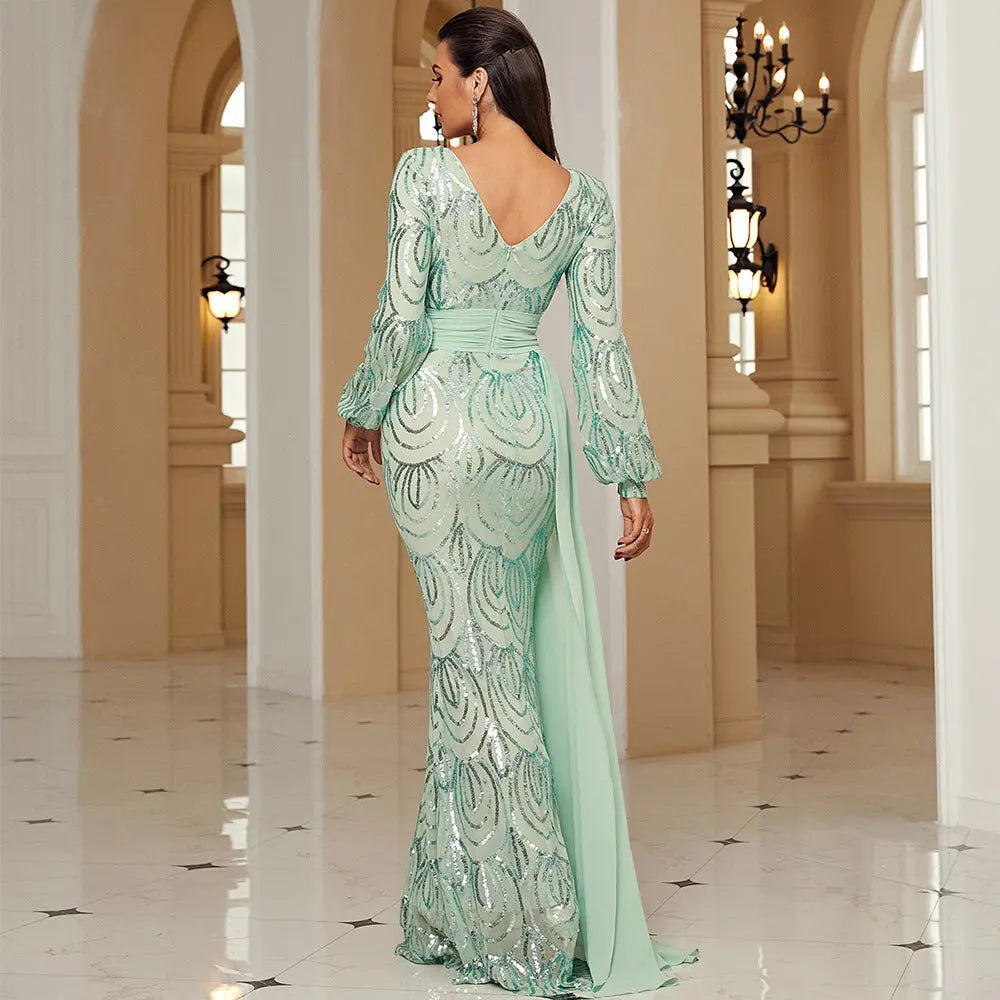 Long Sleeve Sexy Long Sequined V-neck Banquet Ribbon Evening Dress 