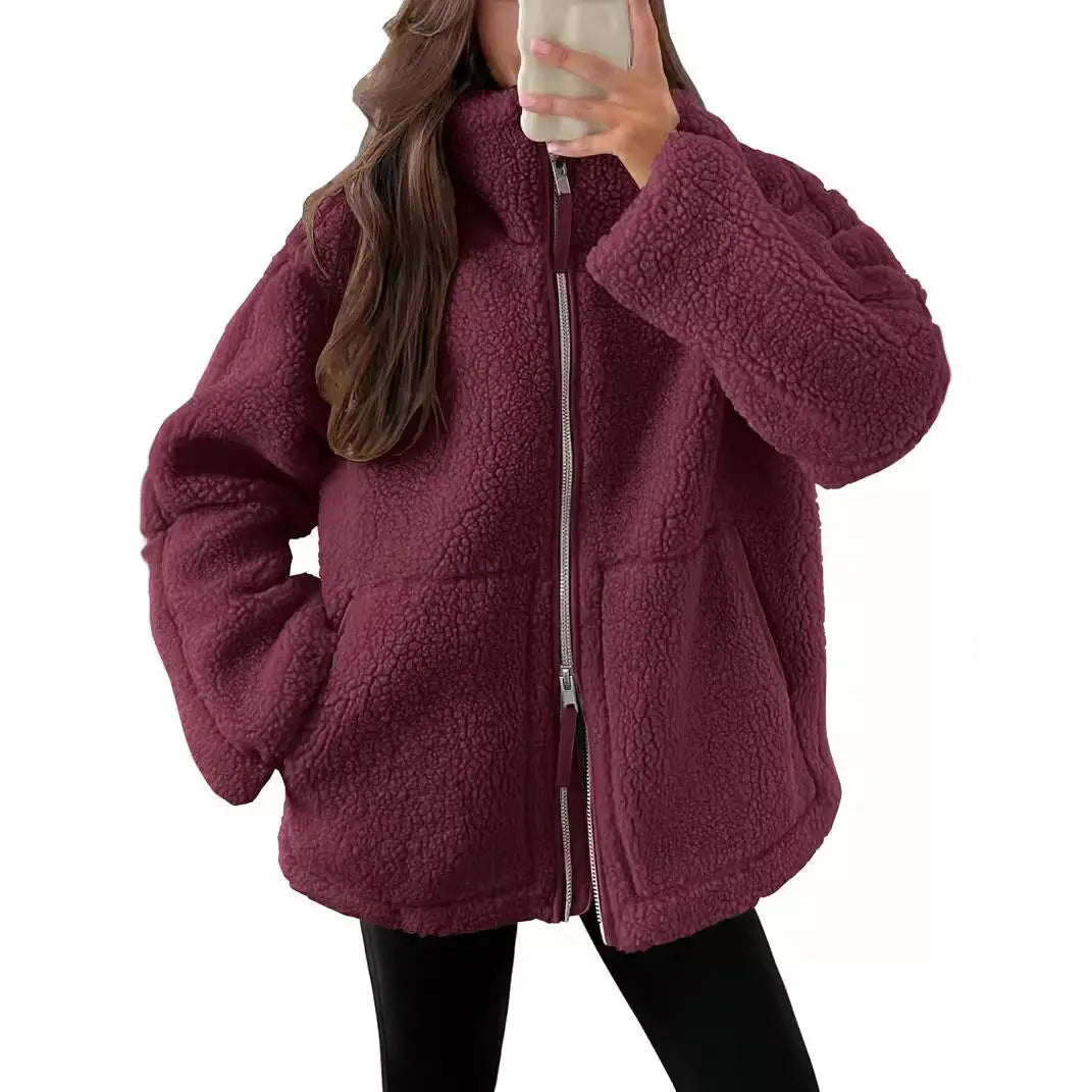 Winter Lapel Zip-up Coat With Pockets Casual Fashion 