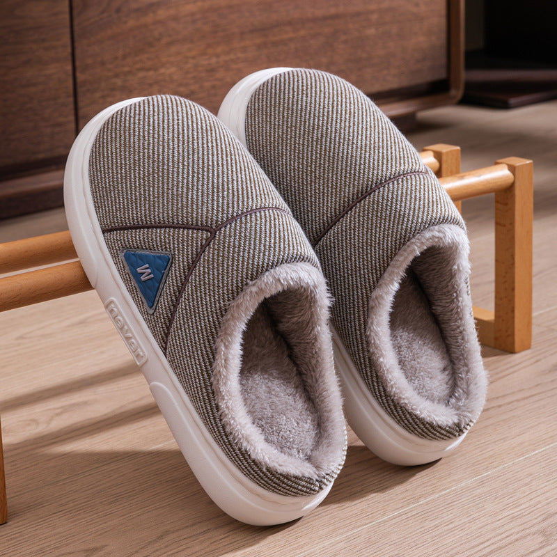 Solid Striped Home Slippers Winter Warm Fleece Shoes