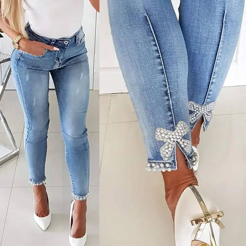 Slim Jeans Women Butterfly Sticky Flower Beaded Split Trousers 