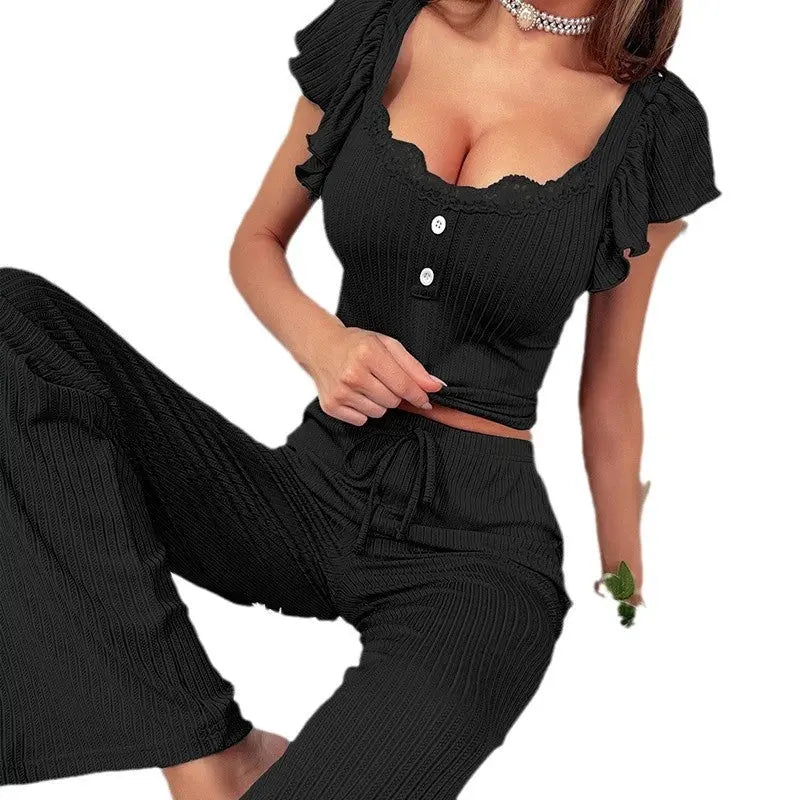 Home Wear Sunken Stripe T-shirt Shory Style Top And Trousers Casual Pajamas Suit 
