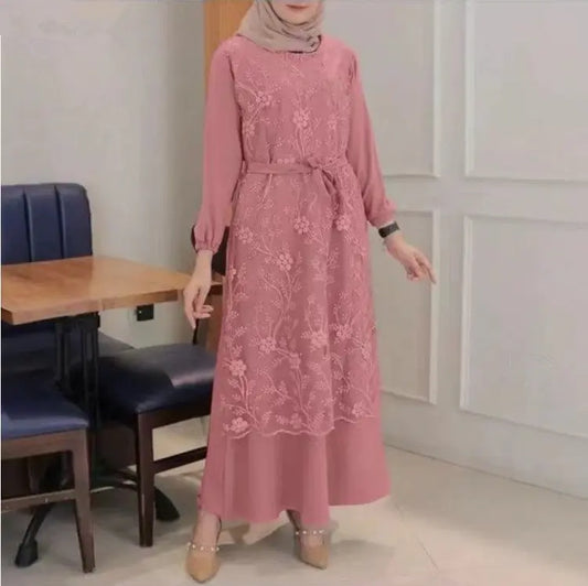 Muslim Round Neck Lace Floral Dress 