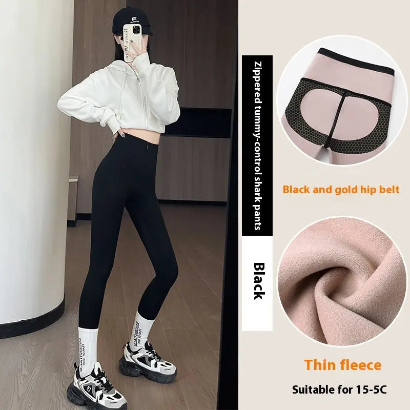 Belly-controlling Butt Lifting Leggings With Three-breasted Design Winter High Waist Slim Zippere Pants Warm Velvet And Thickened Trousers Women Clothing 