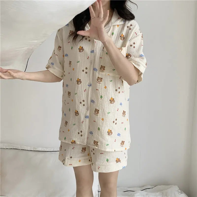 Pure Cotton Bear Head Loungewear Short Sleeve Cardigan Set 