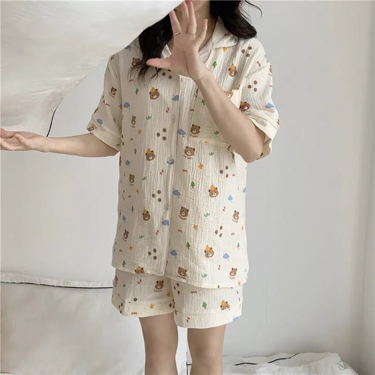 Pure Cotton Bear Head Loungewear Short Sleeve Cardigan Set 