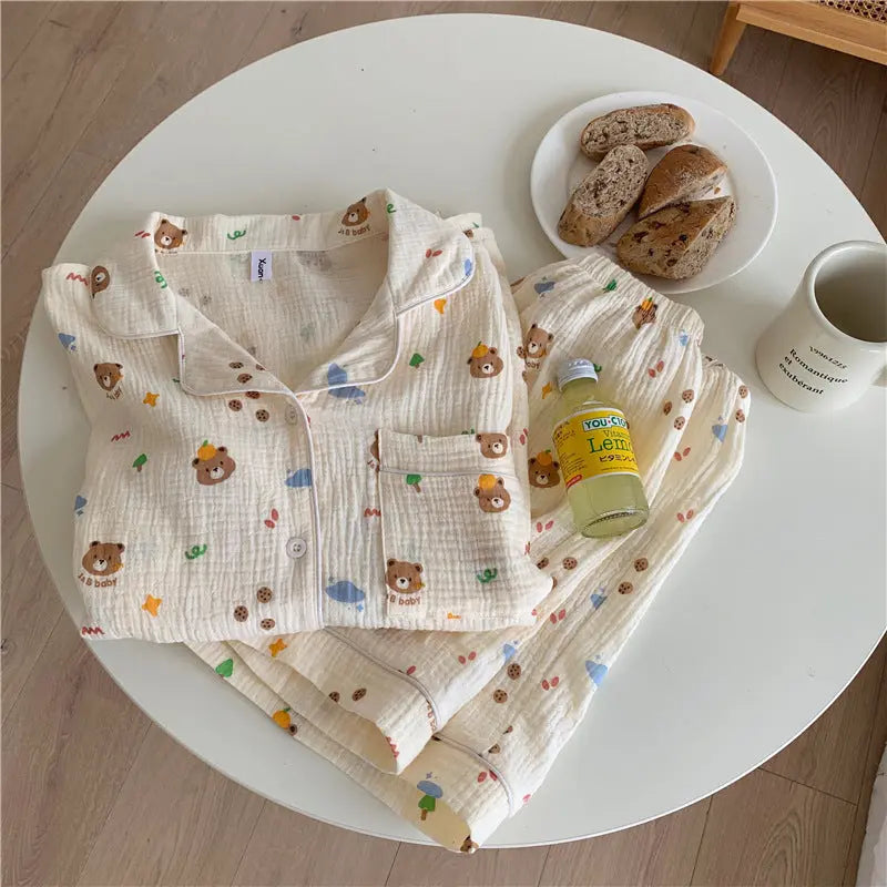 Pure Cotton Bear Head Loungewear Short Sleeve Cardigan Set 
