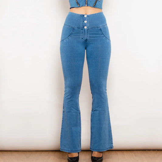Shascullfites Melody Light Blue Flared Lift Jeggings Button Up Jeans Shaping Jeans Women High Waist Flare Jeans 