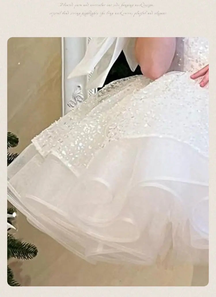 Girls' White Birthday Party Formal Dress Skirt 