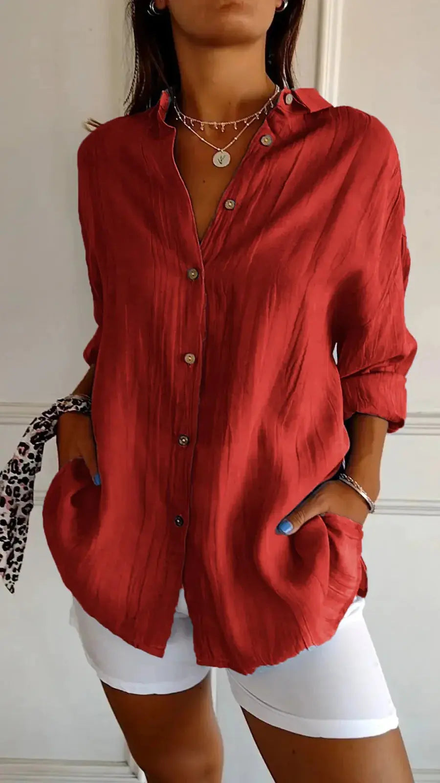 Lapel Long Sleeve Shirt Women's Single-breasted Pleated Shirt 