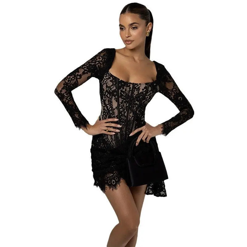 Women's Fashion U-neck Slim-fit Long Sleeve Dress 