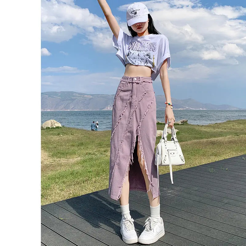 High Waist Slimming Mid-length A- Line Sheath Split Skirt 