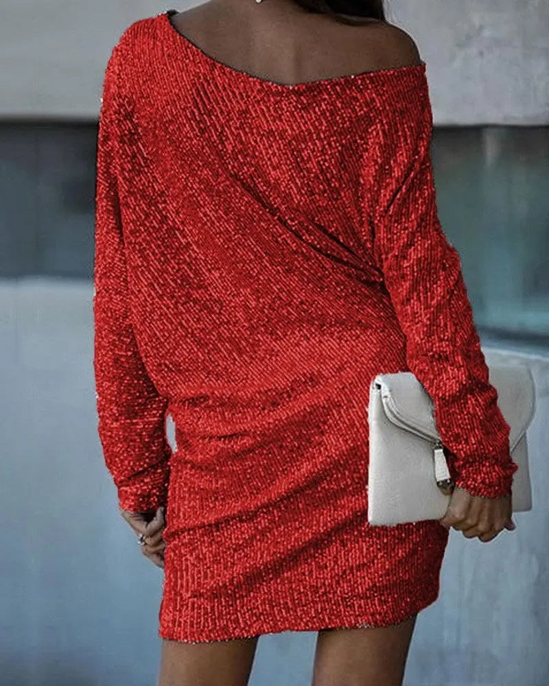 Fashion Oblique Shoulder Sequins Dress Ins Long-sleeved Dresses For Party Women's Clothing 