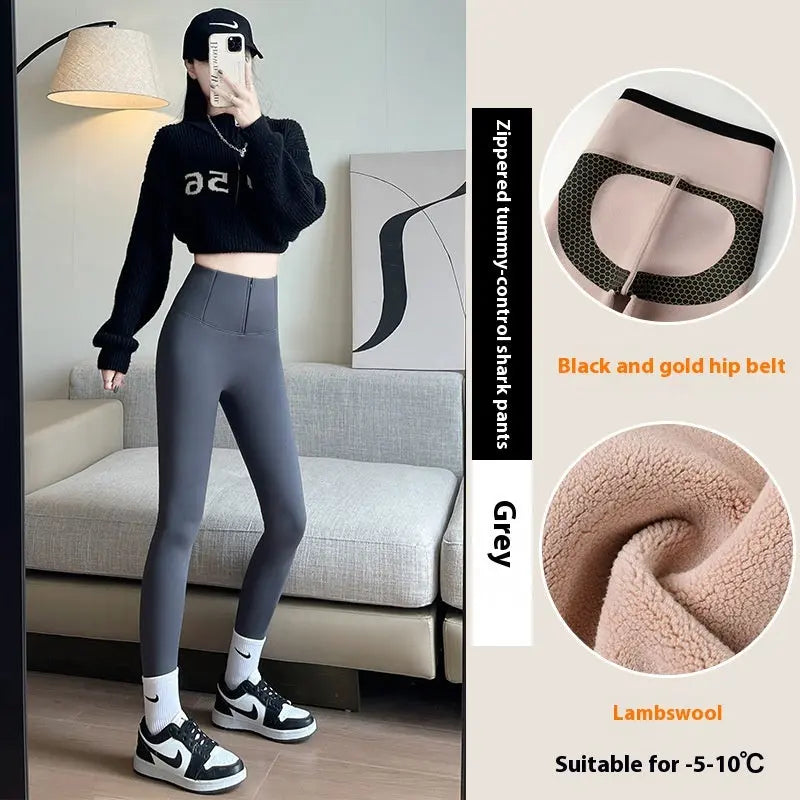 Belly-controlling Butt Lifting Leggings With Three-breasted Design Winter High Waist Slim Zippere Pants Warm Velvet And Thickened Trousers Women Clothing 