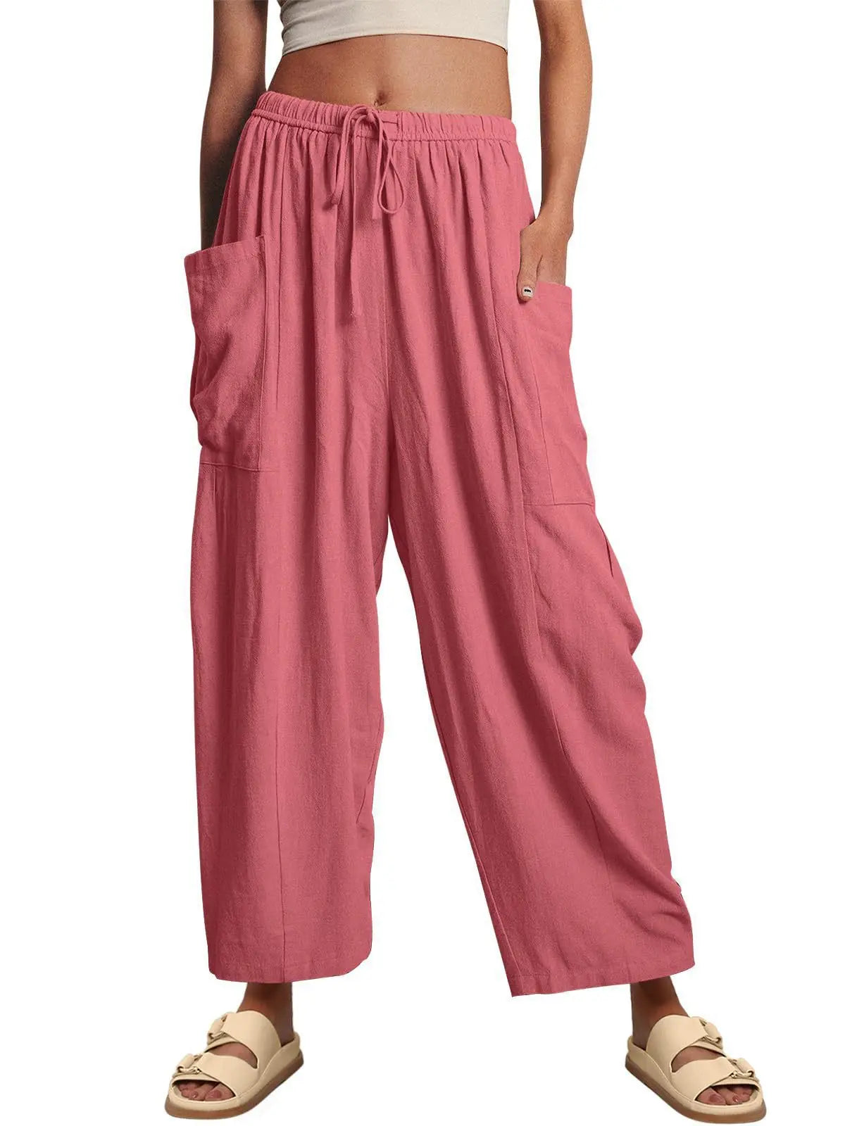 Striped Straight-leg Pants Elastic Waist Cropped Pleated Pants 