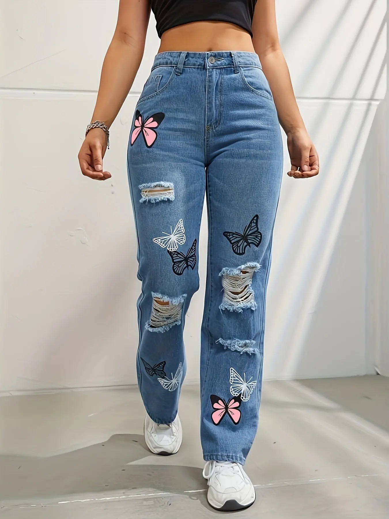 High Waisted Straight Leg Jeans For Women Trendy Butterfly Print Ripped Distressed Denim Pants 