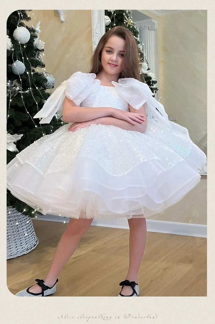 Girls' White Birthday Party Formal Dress Skirt 