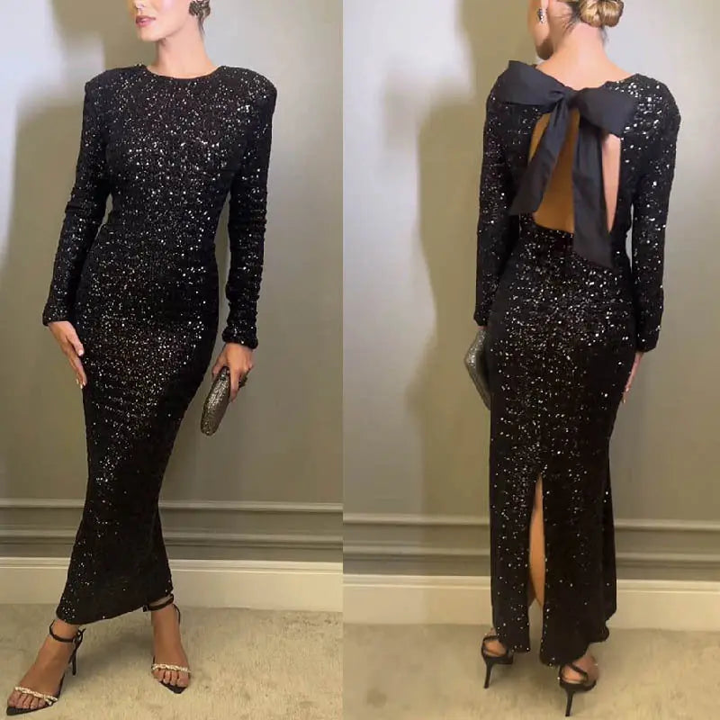 Autumn Winter Sexy Backless Sequined Evening Dress Dress Women 