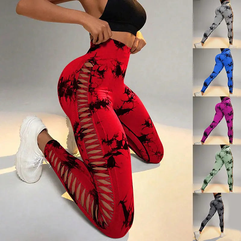 Hollow Tie Dye Printed Yoga Pants High Waist Butt Lift Seamless Sports Gym Fitness Leggings Slim Pants For Women Tight Trousers 