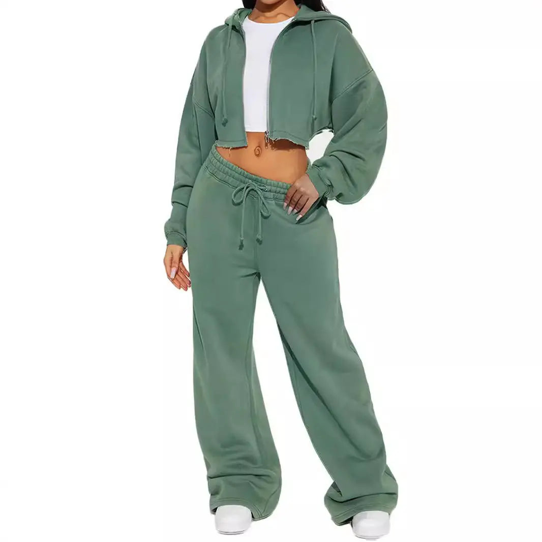 European And American Hooded Front Cardigan Zipper Sweater Wide Leg Loose Trousers Suit 
