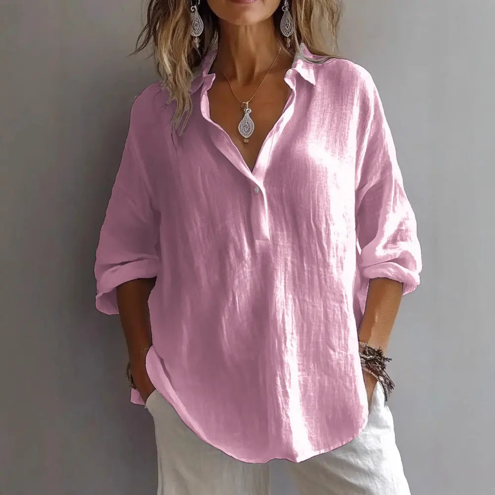 Fashion Long-sleeved Lapel Pullover Shirt Casual Loose Solid Color T-shirt Tops Women's Clothing 