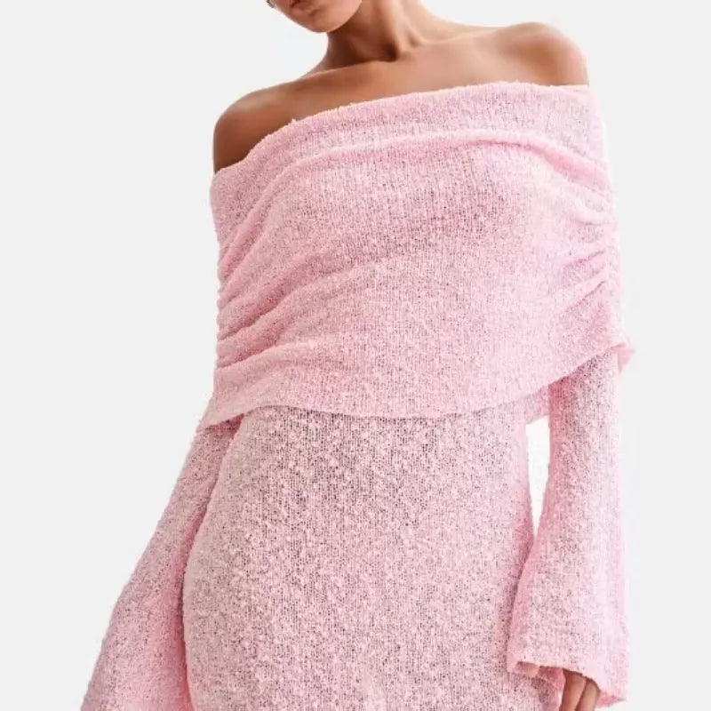 Women's Spring Summer Knitted Dress Elegant Party Boat Neck Dress Infant Off Shoulder Bodycon Long Sleeve Fuzzy Short Club Chic Mini Dress 