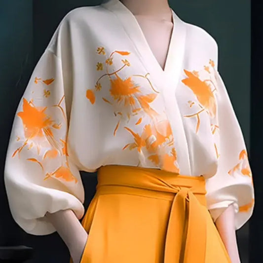 Fashionable Retro High-end Slimming Wear Flab Hiding Shirt Wide-leg Pants Suit Two-piece Set Women 