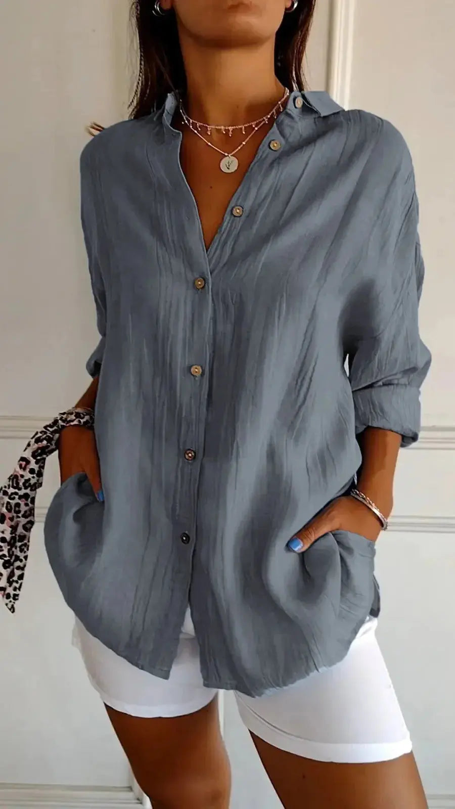 Lapel Long Sleeve Shirt Women's Single-breasted Pleated Shirt 