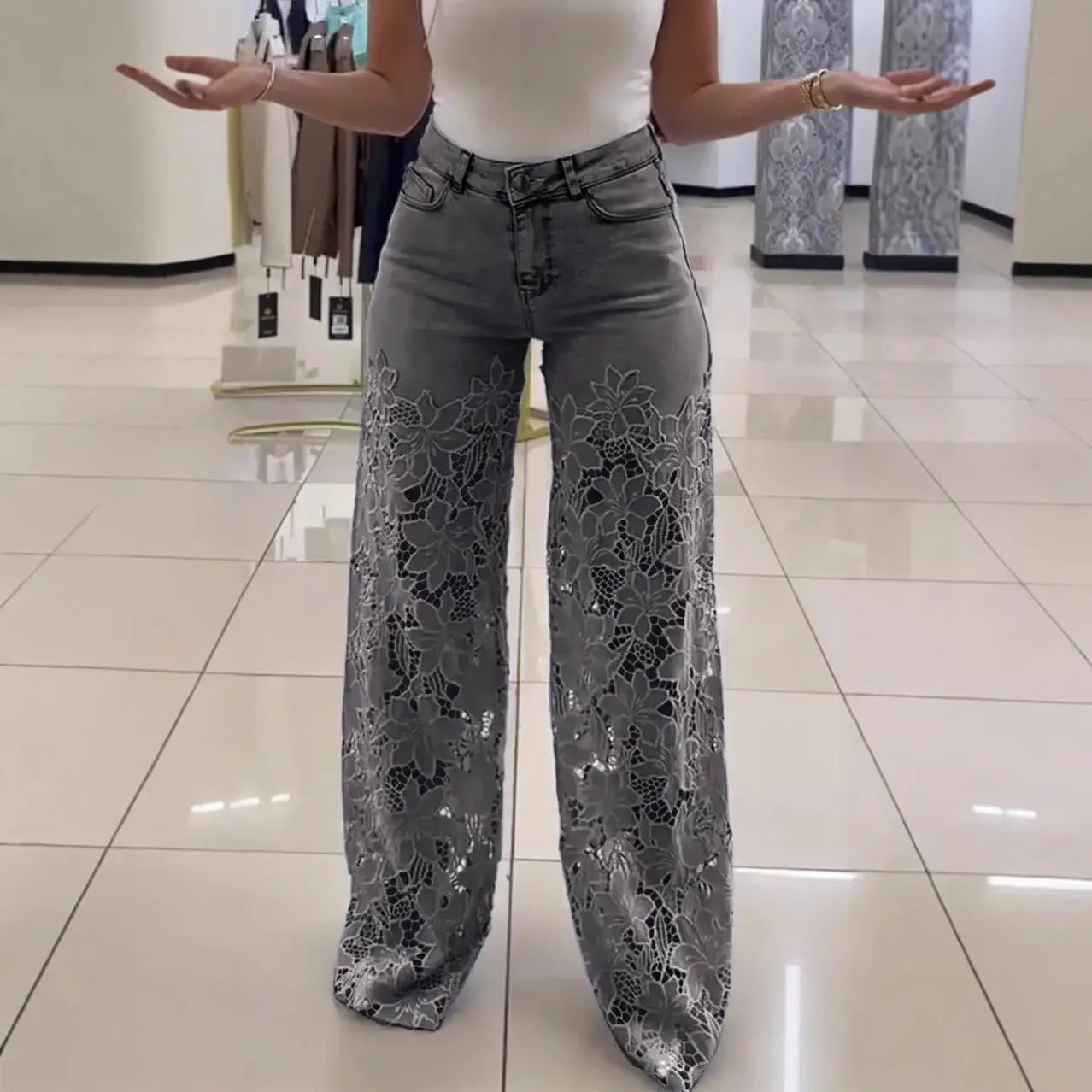 Y2K Lace Flowers Hollow Jeans Fashion High Waist Straight Wide Leg Pants Solid Color Trousers Women's Clothing 