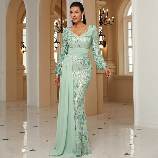 Long Sleeve Sexy Long Sequined V-neck Banquet Ribbon Evening Dress 