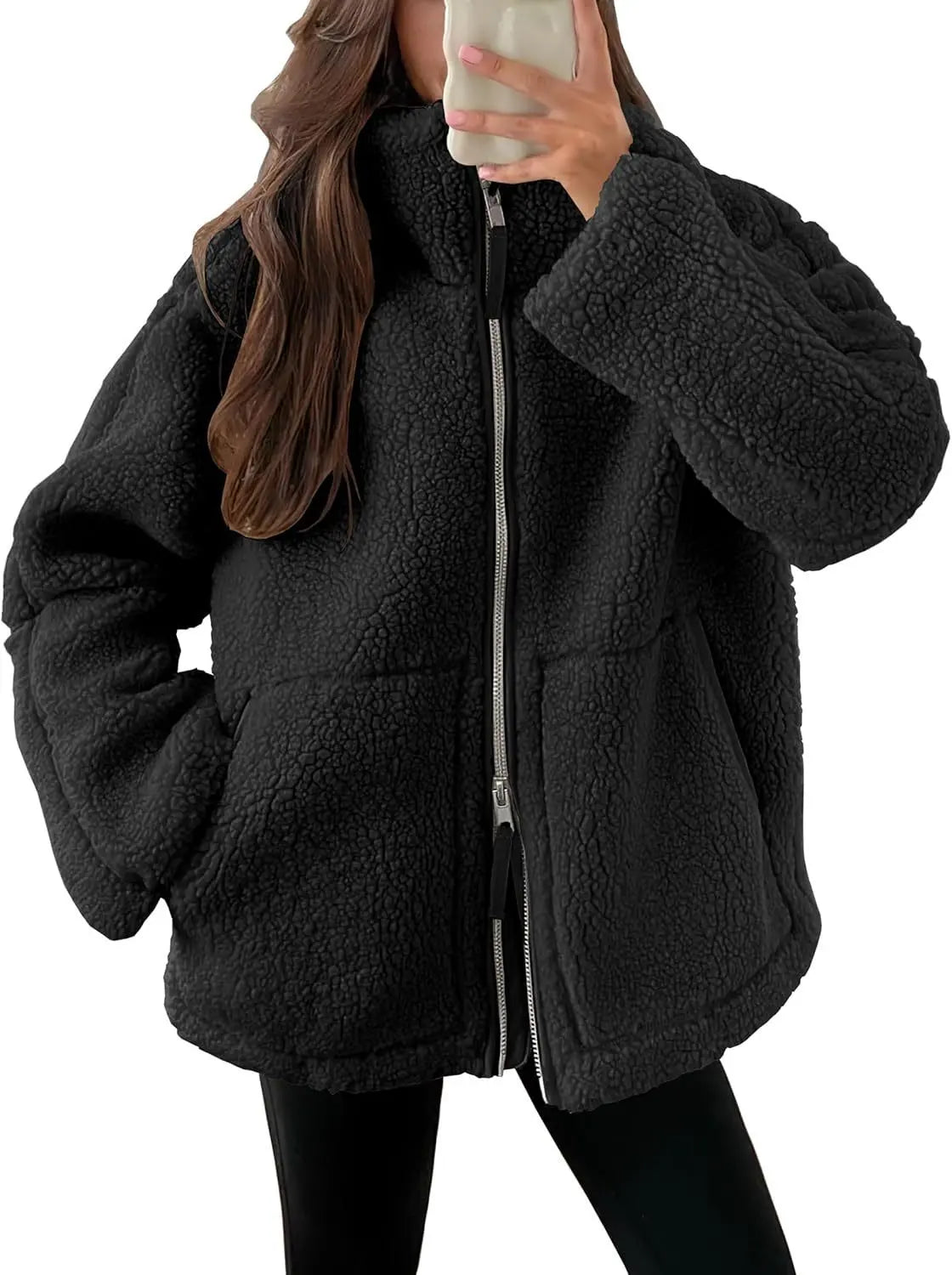 Winter Lapel Zip-up Coat With Pockets Casual Fashion 