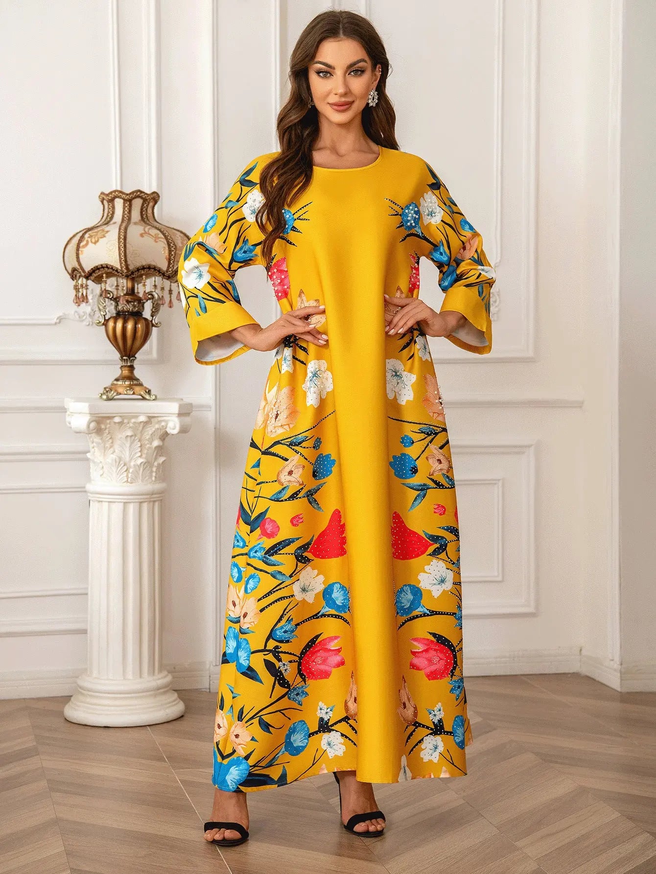 Dubai Fashion Printed Hot Diamond Women's Robe Abaya Muslim Dress 