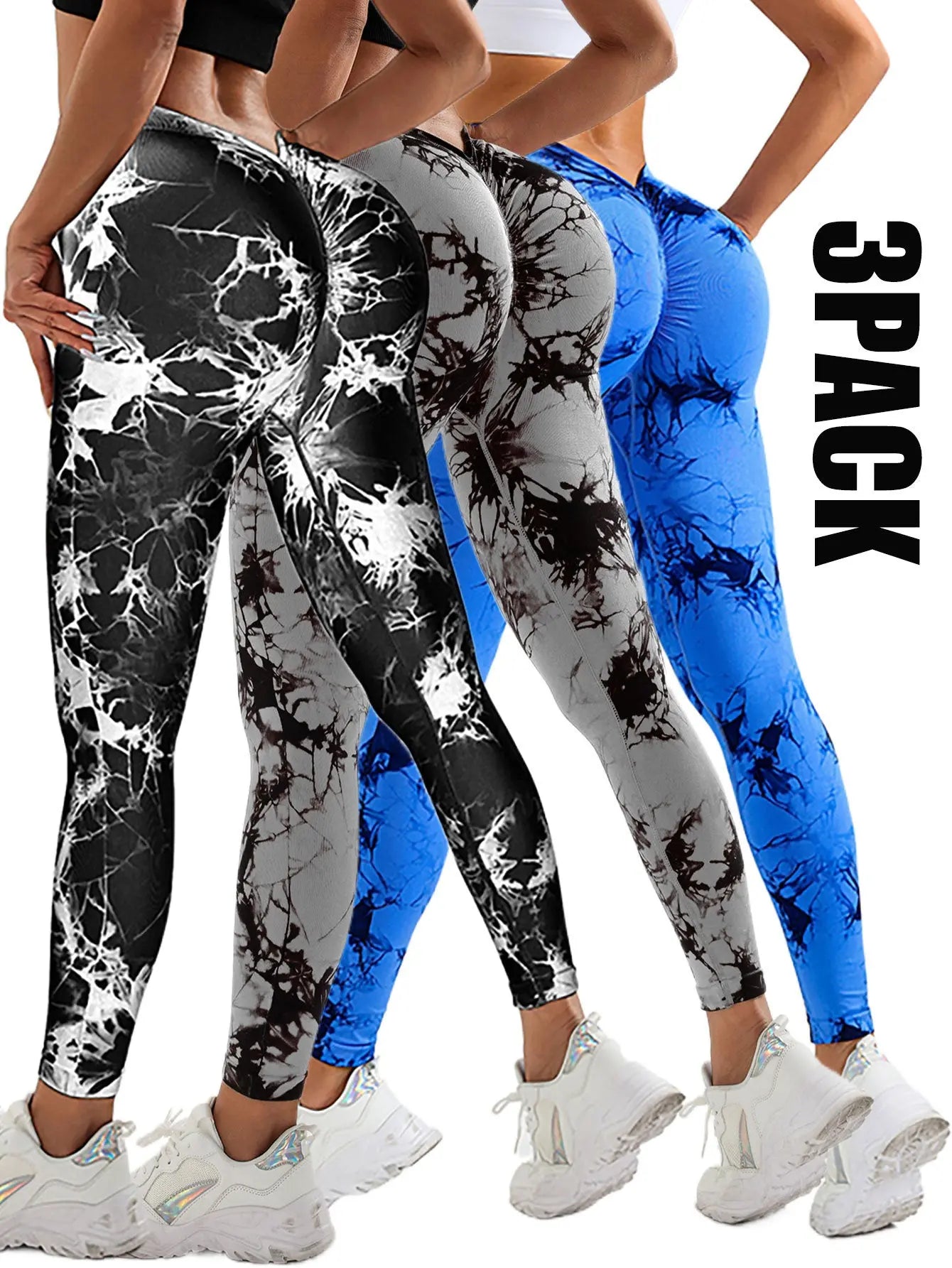3 Pack Women's Scrunch Workout Leggings, High Waisted Butt Lifting Tie-dye V Back Waist Seamless Gym Yoga Leggings, Workout Leggings For Women Jada Leggings 