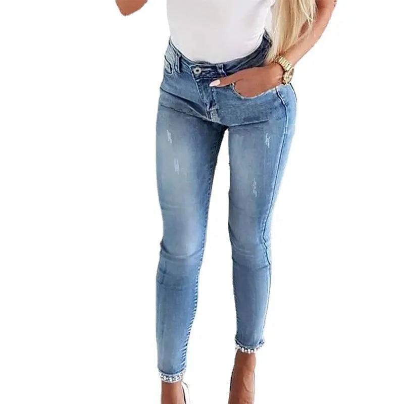 Slim Jeans Women Butterfly Sticky Flower Beaded Split Trousers 