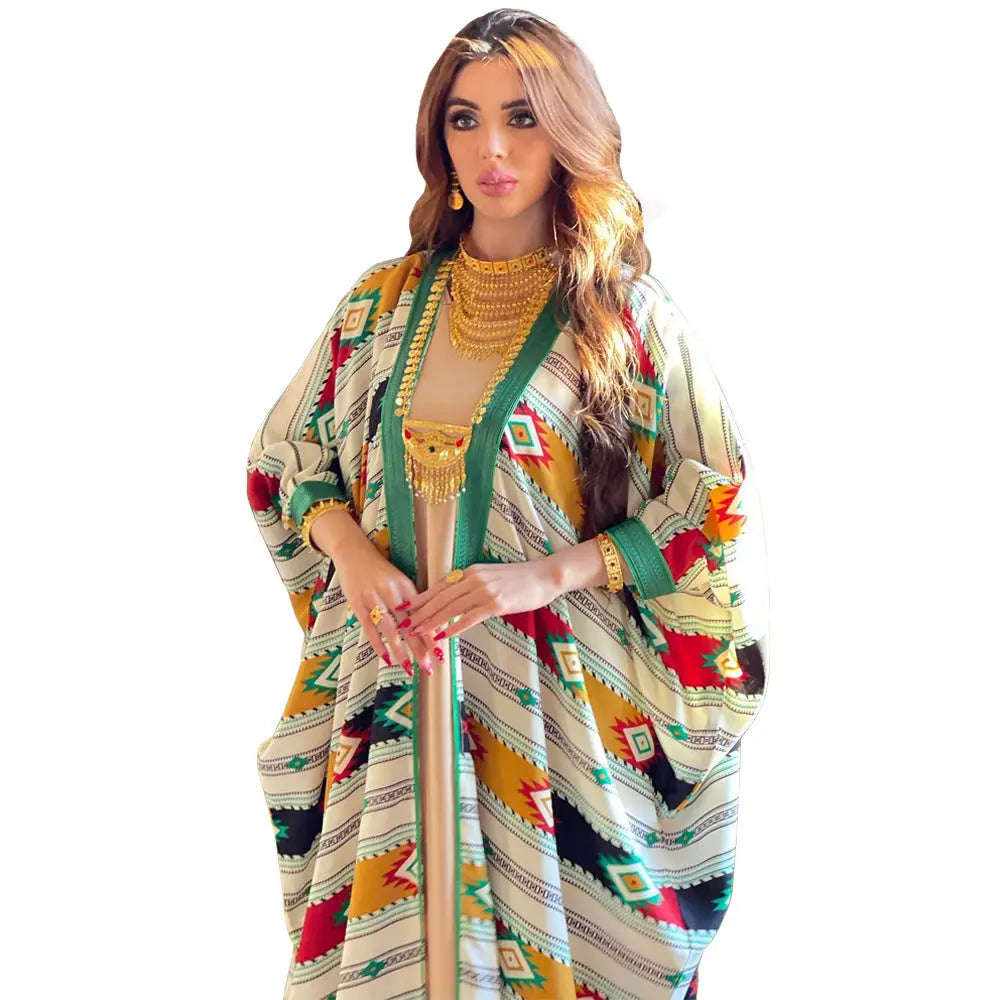 Striped Batwing Sleeve Muslim Vest Coat Two-piece Set Abaya Dress 