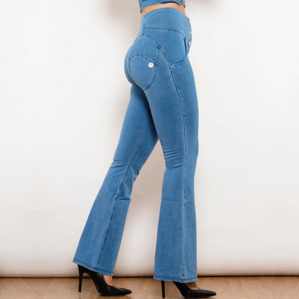 Shascullfites Melody Light Blue Flared Lift Jeggings Button Up Jeans Shaping Jeans Women High Waist Flare Jeans 