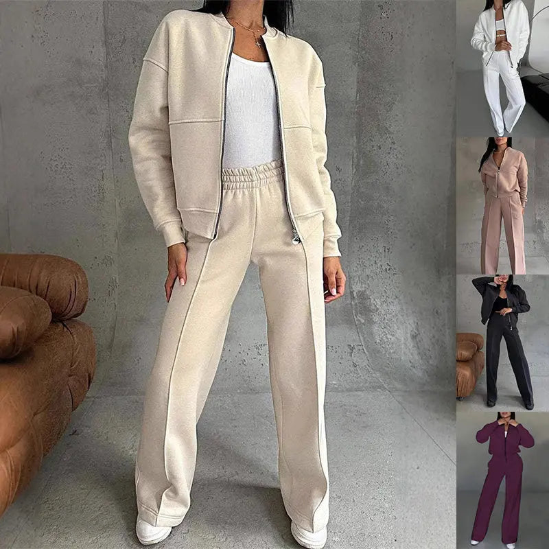 Women's Sports Suits Zipper Jacket And Wide Leg Pants Two-piece Set 