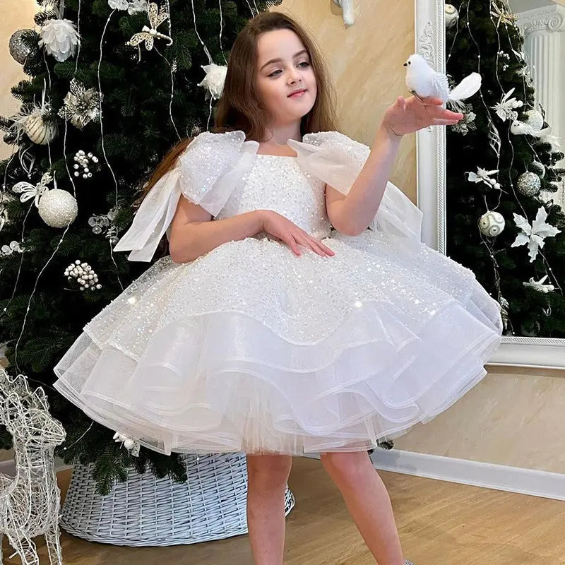 Girls' White Birthday Party Formal Dress Skirt 
