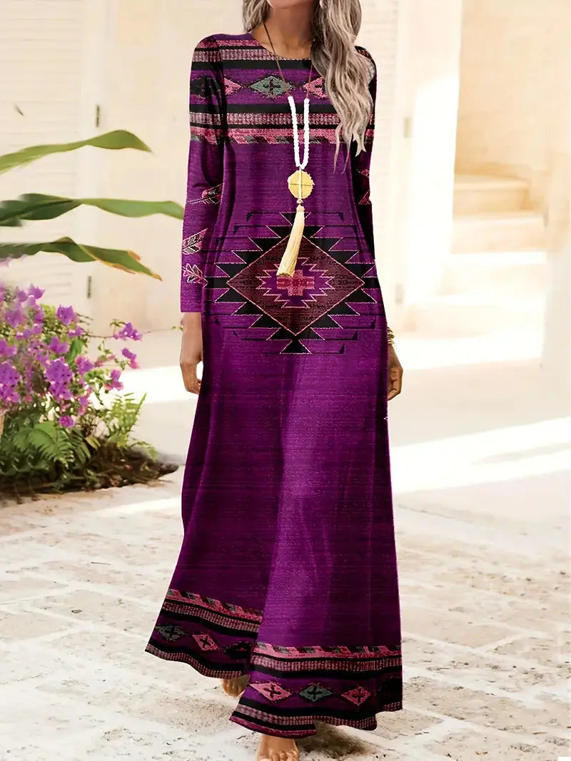 European And American Long Sleeve Artistic Retro Geometric Printed Round Neck Pullover Dress 