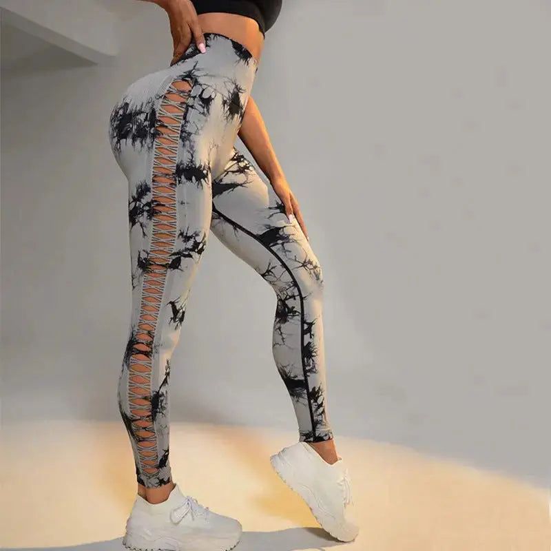 Hollow Tie Dye Printed Yoga Pants High Waist Butt Lift Seamless Sports Gym Fitness Leggings Slim Pants For Women Tight Trousers 
