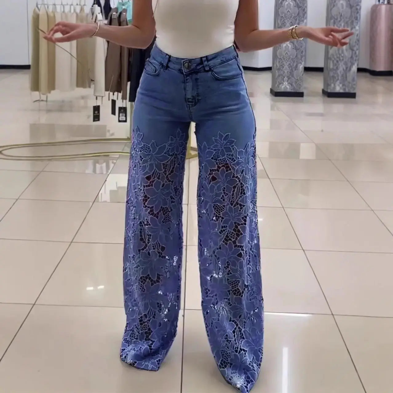 Y2K Lace Flowers Hollow Jeans Fashion High Waist Straight Wide Leg Pants Solid Color Trousers Women's Clothing 