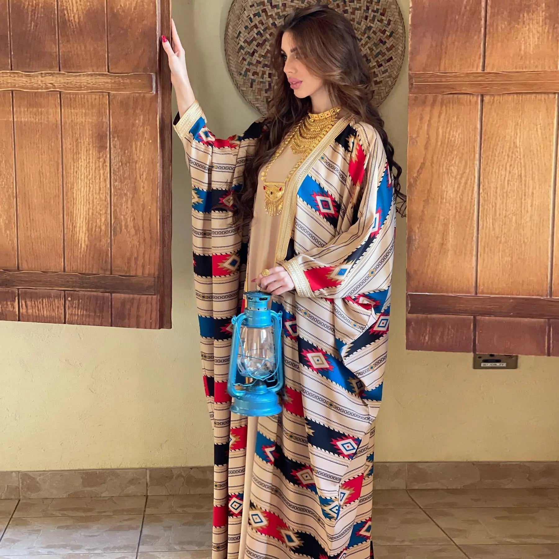 Striped Batwing Sleeve Muslim Vest Coat Two-piece Set Abaya Dress 