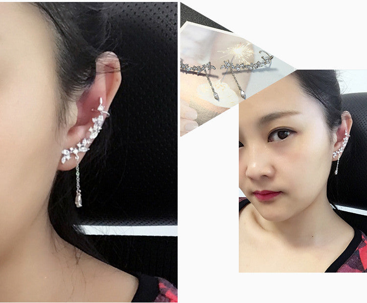 Leaf Tassel Ear Clip Diamond Stud Earrings