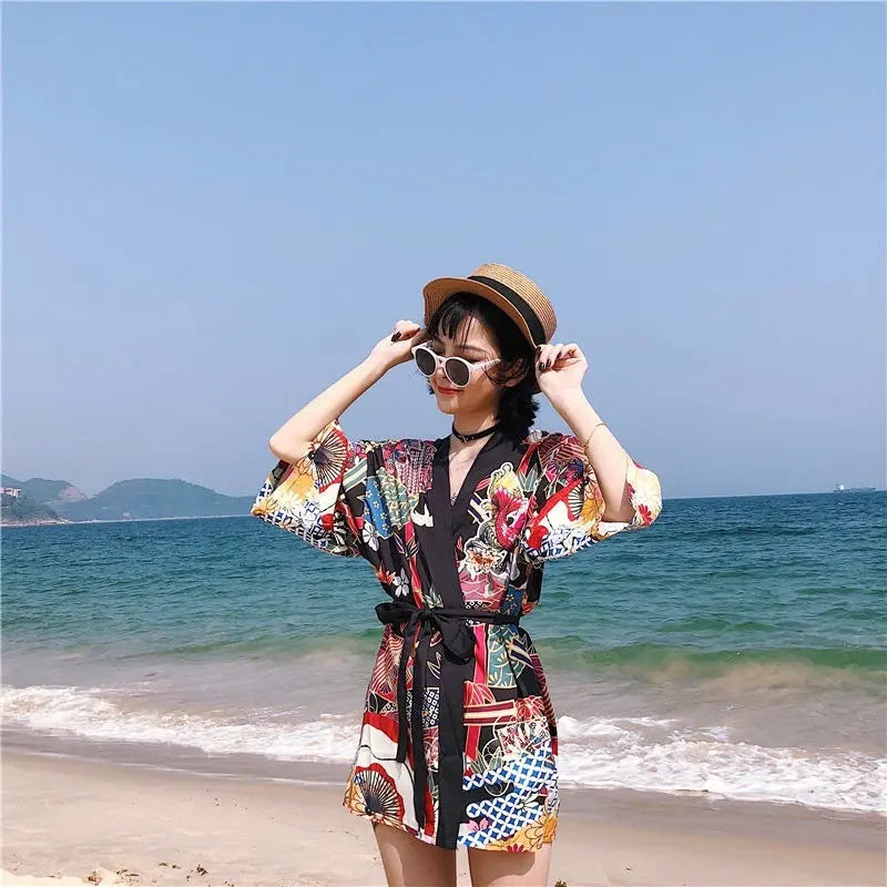 Loose Street Sun Protection Clothing Middle Sleeve Graffiti Kimono Travel Thin Coat 