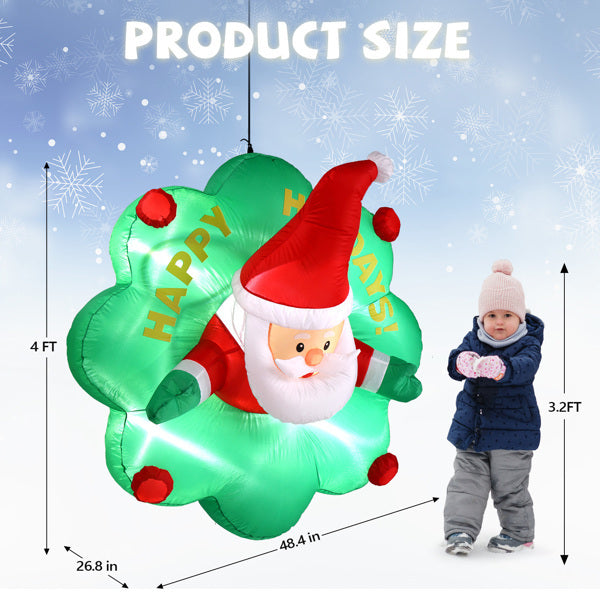 4ft Window Santa Claus Wreath, 5 LED Lights, Bundle Pocket Christmas Inflatable Decoration