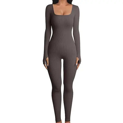 Women's Yoga Sports Fitness Jumpsuit Workout Long Sleeve Square Collar Clothing 